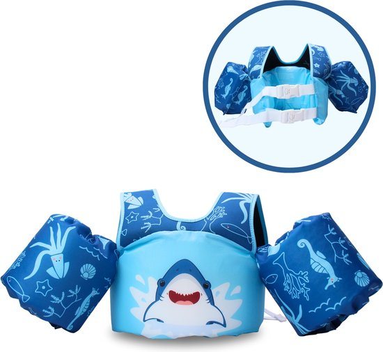 JT Products Puddle Jumper Haai – Zwembandjes – Zwemvest – Reddingsvest Kind - Voor Kinderen van 2 tot 6 jaar - 15 tot 30 kg – Drijfvest – Zwemvleugels – Zwemmen – Swimtrainer – Zwemgordel – Zwemkurk - Verstelbaar – Blauw – Dubbele Sluiting – One Size