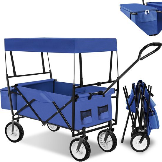 tectake® Opvouwbare Handkar met Dak - Transportwagen, Opvouwbare Wagen, Tuinwagen, Strandwagen - Inclusief Achtertas en Extra Draagtas - Tot 80 kg - 2 Houders voor Drankjes - Blauw