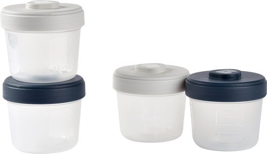Béaba Clip Portionset – 4x150ml – Luchtdicht & Lekvrij – Voor Bewaren & Vervoeren van Babyvoeding – Wit/Blauw