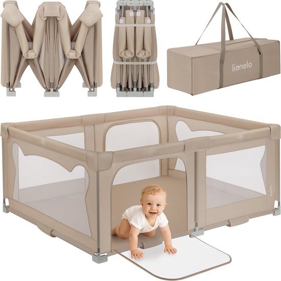Grondbox / Baby Box – Zeer Snel Inklapbaar – 150x180 cm – voor Thuis en Tuin – 0-48 maanden – Veilige kinderbox – Draagtas – Compact na Inklappen – Speelbox met Ademend Gaas – 2 Zij-ingangen met rits – Lionelo Florence Easy Fold