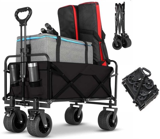 Opvouwbaar Bolderkar XL met grote wielen & twee remmen- Tot 200kg Draagvermogen - Afneembare wielen -Camping Bolderwagen-kampeerkar- Inhoud 120L Bolderwagen - Opvouwbare Draag Kar - Bolder Wagen Strandkar -Dubbellaags verdikte doek- Kampeerkar-Zwart