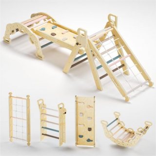 Kaëru® Houten Klimrek – 7 in 1 - Kleurrijke driehoek met glijbaan – Klimboog – Gemaakt van Nieuw-Zeelands grenenhout – Speeltoestel voor binnen – Gym voor peuters – Educatief houten speelgoed