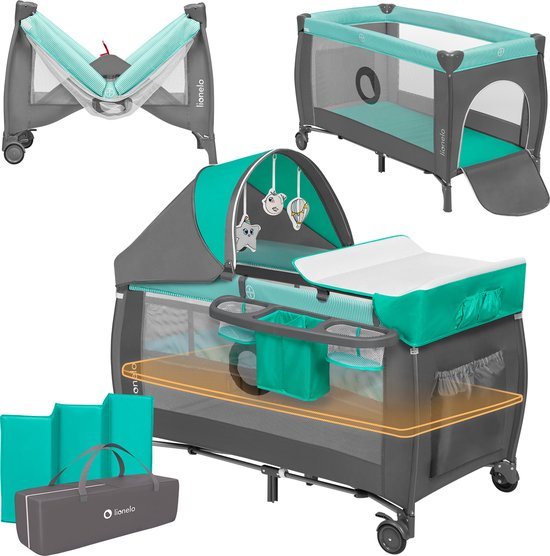 Lionelo Sven Plus 2in1 Meegroeibed & Campingbedje - 127x60 cm – Co-sleeper & Reisbed – Tot 15 kg – Inclusief commode, organizer, klamboe & interactief speelgoed – LockGuard systeem – 2 hoogtes verstelbaar – Snel inklapbaar & draagtas
