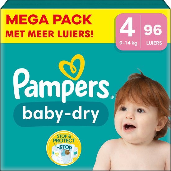 Pampers Baby-Dry luiers - Maat 4 (9-14kg) - 96 stuks - Voordeelverpakking - Unieke extra laag - Absorberende kern - Dubbele beschermrandjes (Tot maat 5+)