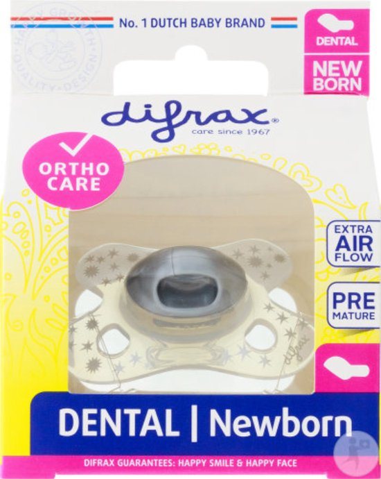 Difrax - Dental speen - New Born Speen - Transparant met grijze sterretjes - Unisex speen - Jongetjes en meisjes