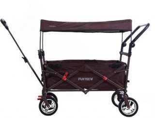 FUXTEC Opvouwbare Bolderkar FX-CT700 Bruin met Dak – Transportwagen met Duwstang, Parkeerrem & Volrubberen Banden