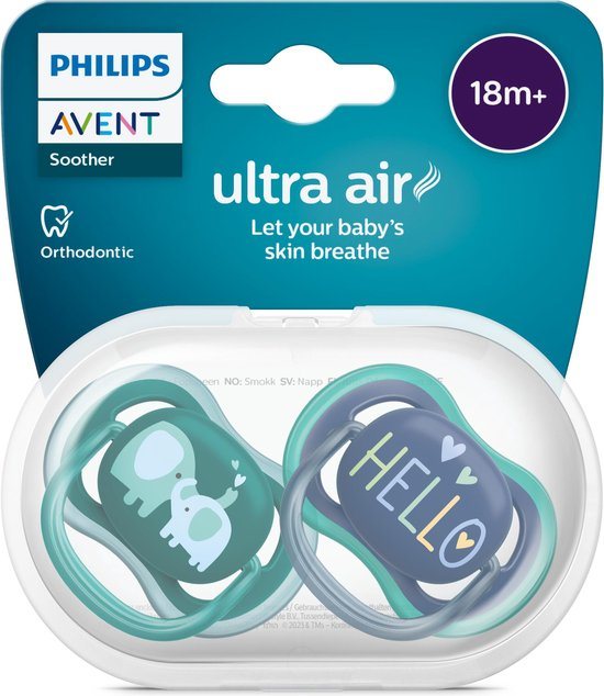 Philips Avent Ultra Air Fopspeen - Ouder dan 18 Maanden - 2 Speentjes - Donkergroen/Donkerblauw Olifant/Hello - SCF349/18