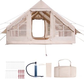 Opblaasbare Kampeertent voor 5-8 Personen, Snel Op Te Zetten met Handpomp, Slijtvast 300d Oxford Doek, Inclusief Vier Praktische Opbergtassen voor Transport