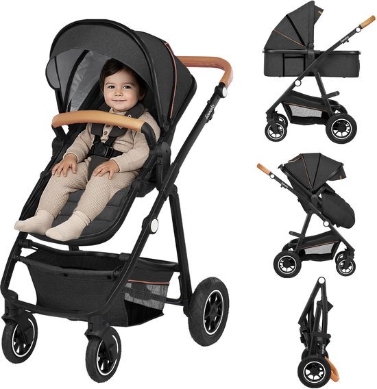 Lionelo Amber 2in1 - Kinderwagen 2 in 1 - Reiswieg + Buggy - Vanaf geboorte tot 22 kg (0-4 jaar) - Luchtbanden - Volledige Vering - Comfortabel Ligmatras - Snel Inklapbaar - Luiertas - Klamboe - Regenhoes - Verschoonmatje - Wandelwagen - Baby Peuter
