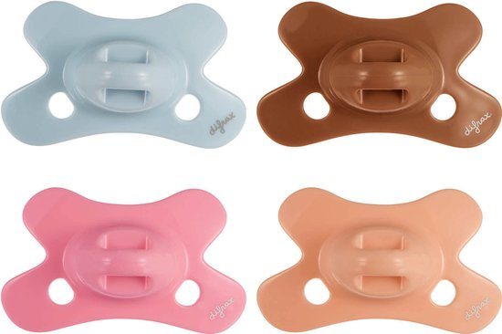 Difrax Natural Fopspeen 0 tot 6 Maanden - Lichtblauw, Grijs, Lichtroze, Bruin - 4 Stuks, Siliconen Speen, Gemakkelijk te Accepteren