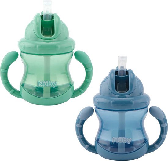 Nûby - Flip-It antilekbeker met handvatten - 2-pack - Blauw & Groen - 240ml - 12m+