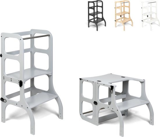 Ette Tete Step 'n Sit - Leertoren - Grijs met zwarte clips - Inklapbaar tot tafel en stoel - Learning Tower - Montessori inspired - Keukentrap - Keukenhulp - Leerstoel - Veilig -Duurzaam
