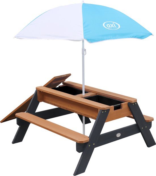 AXI Nick Zand & Water Picknicktafel in Antraciet/Bruin - Met Parasol in Blauw/Wit - Multifunctionele Picknick tafel van FSC hout - Picknick tafel voor kinderen van hout