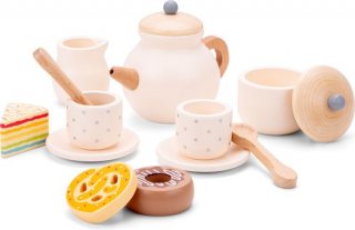 Woet® Houten Theeservies Crème - 14-delige Theeset met Theepot, Kopjes en Gebakjes - FSC - Rollenspel Servies Speelgoed - Vanaf 2 Jaar