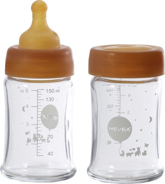 HEVEA - Wide Neck glazen drinkfles - 150ml - 2 stuks - borosilicaatglas - 100% natuurrubber