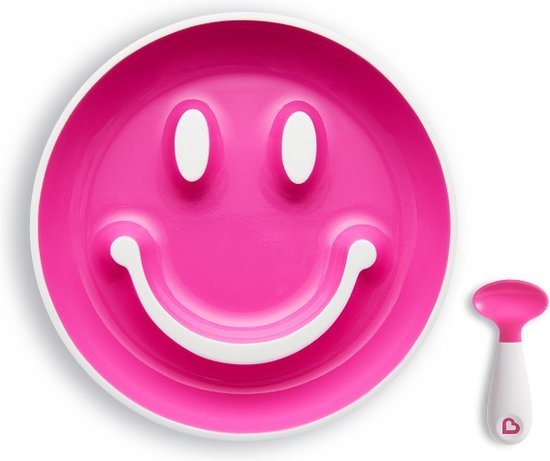 Munchkin kinderservies - Baby Bordje met zuignap en Lepel - Smile 'n Scoop - Bord met zuignap in de vorm van een smiley - BPA-vrij - 9+ maanden - Roze