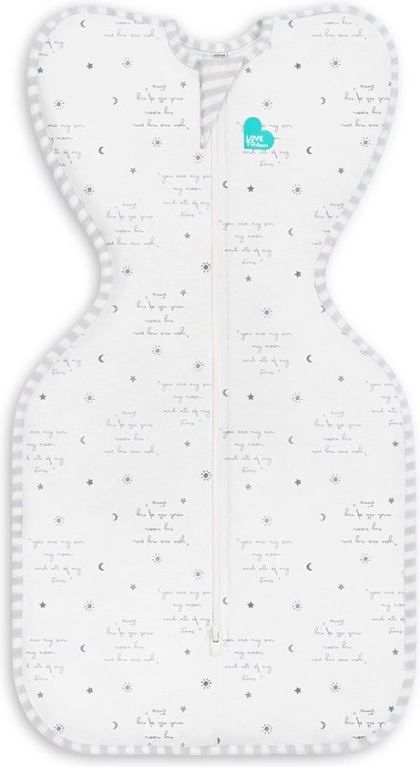 Love to Dream™ Babyslaapzak Swaddle Up™ - Inbakeren - Baby 0-3 maanden - 3.5-6 kg - Zomer - 0.2 TOG- Wit met tekst