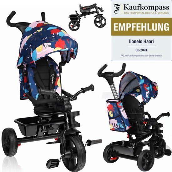 Lionelo Haari - Driewieler - Drankhouder - 2in1 - Draaibare Zitting – Rubberen Onderhoudsvrije Wielen – Vrij Wiel – Schuifstang voor Ouders – Luifel – Mand en Tas – Bekerhouder – Groeit Mee – Vanaf 18 Maanden tot 25 kg