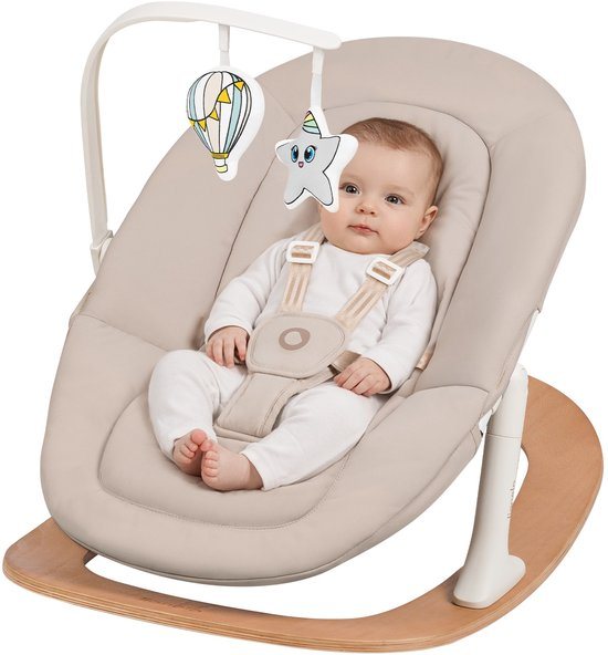 Lionelo Celia Rocker - Wipstoel Baby - Houten - 2 rugstanden - 5-puntsgordel - Speelboog met 2 speeltjes - Wood - Bouncer / Swing