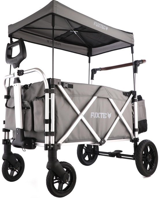 FUXTEC Super Cruiser Opvouwbare Bolderkar FX-CTL900 Grijs met Dak – Inclusief Achtertas met Schoenenvak, Comfort Duwstang & 5-Puntsgordel