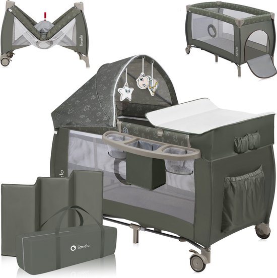 Lionelo Sven Plus 2in1 Meegroeibed & Campingbedje - 127x60 cm - Tot 15 kg - Co-Sleeper - Reisbed met Commode, Organizer, Klamboe en Interactief Speelgoed