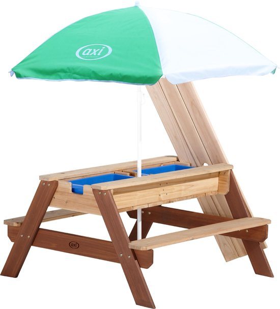 AXI Nick Zand & Water Picknicktafel in Bruin - Met in hoogte verstelbare Parasol in Groen/Wit - Multifunctionele Picknick tafel van FSC hout - Picknick tafel voor kinderen van hout