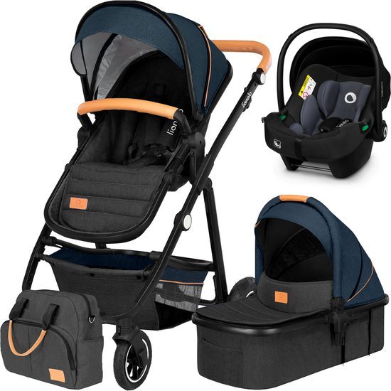 Lionelo Amber 3 in 1 Kinderwagen 3in1 - Reiswieg Buggy Baby Autostoel - ADAC geteste set - Vanaf geboorte (0-22 kg, tot 4 jaar) - Geveerde Pompwielen - Zacht Babymatras - Compact Snel Opvouwbaar - Babytas - Regenscherm - Insectennet - Autostoeltje