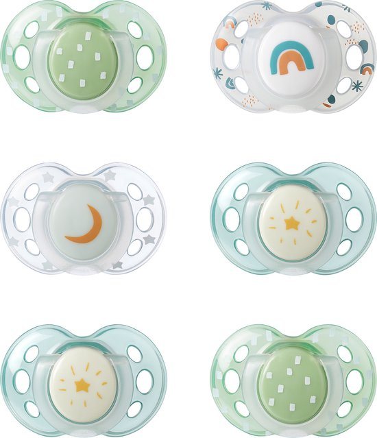 Tommee Tippee Nachtfopspenen, 18-36 maanden, set van 6, glow in the dark, verschillende kleuren en designs, symmetrische en orthodontische fopspeen, BPA-vrije siliconen speen