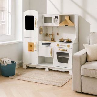 Maxx kidz - Houten Speelgoed Keuken - Complete en Luxe Speelkeuken - Wit Keukentje met Gouden Afwerking - Stevige Kinderkeuken met Accessoires - Speelgoedkeuken met Geluid en Diverse Pannetjes