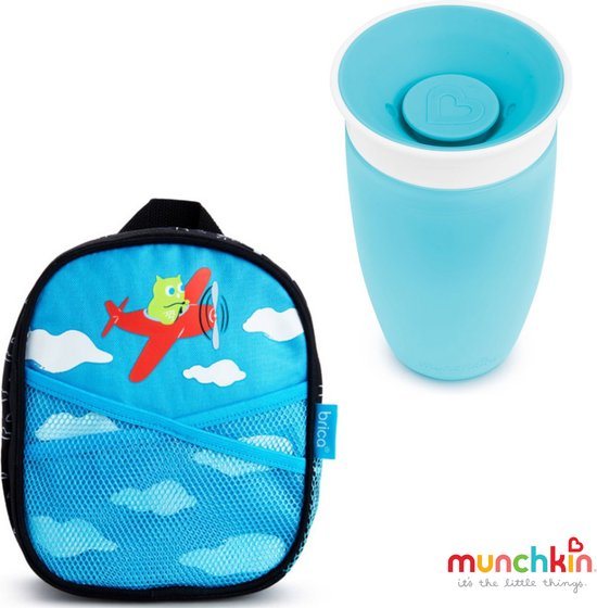 Munchkin Luiertas met Munchkin Miracle Drinkbeker Blauw - Brica by my side rugzak Blauw - Miracle Anti-Lek 360° Drinkbeker - Sippy Cup - Oefenbeker voor Baby en Kind - 296ml – Blauw