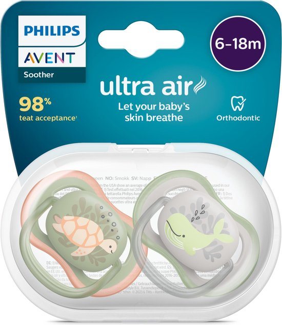 Philips Avent Ultra Air Fopspeen - 6 tot 18 Maanden - 2 Speentjes - Groen/Grijs Schildpad/Walvis - SCF085/60