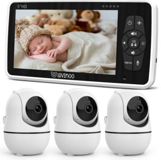 Lovinoo Babyfoon – Baby Monitor met 3 Camera's - Op Afstand Bestuurbaar - Temperatuursensor - Uitbreidbaar Tot 4 Camera's - Terugspreekfunctie - Video & Audio - 5.0 Inch Scherm