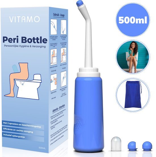 VITAMO™ Peri Bottle 500ml - Draagbare Bidet - Perineum Douche - Vaginale Douche - Postpartum Spoelfles - Complete set met 2 Sproeikoppen en Opbergzak - Blauw