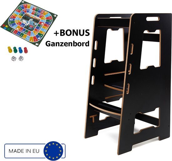 Minera - Leertoren Keukenhulp - Montessori Keukentoren - Antislip Opstapje Keuken - Leerstoel & Leer toren - Keukentrapje Peuter - Tour d'observation - Toddler Learning Tower - Kindertrap Hout - Zwart