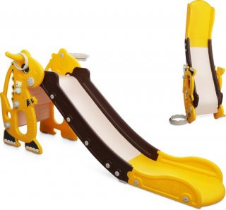 Rockerz Premium Glijbaan - Voor binnen en buiten - Speelplezier gegarandeerd - Opvouwbaar - Veilige dichte trap - Ringen spel - Basketbal ring (inclusief bal) - Muziek beertje - Kleur: Geel