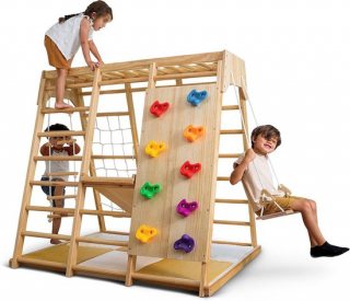 FINOOS 7-in-1 Multifunctioneel houten klimrek - Opvouwbare Driehoek + Klimboog + Helling met Klimrek/Glijbaan - Pikler - Montessori Meubels Houten Speelgym