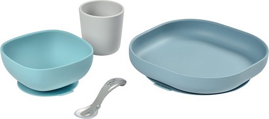 Béaba 4-delige Siliconen Maaltijdset - Bord + Kom + Beker + Lepel - Met Zuignap - Vanaf 4 maanden - Blauw