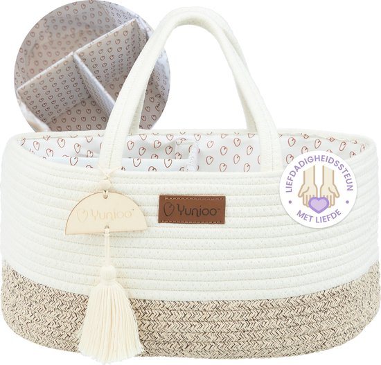 Yunioo Commodemandje en Luiertas - Luiermand voor Baby Kamer - Luier Mand Organizer - Opbergmand kinderkamer - Speelgoedmand - Wit-Beige
