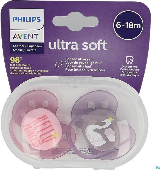 Philips Avent Ultra Soft Fopspeen - 6 tot 18 Maanden - 2 Speentjes - Roze/Paars Hello Princess/Zwaan - SCF223/02