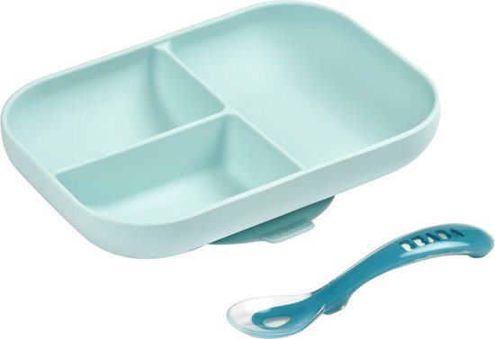 Béaba Siliconen Eetset - Bord met 3 Vakjes en Lepel - Kinderservies met Zuignap - Vaatwasserbestendig Kinderservies - Blauw