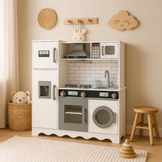 Maxx kidz - Houten Speelgoed Keuken - Complete Speelkeuken - Wit Keukentje met Grijze Afwerking - Stevige Kinderkeuken met Accessoires - Speelgoedkeuken met Geluid