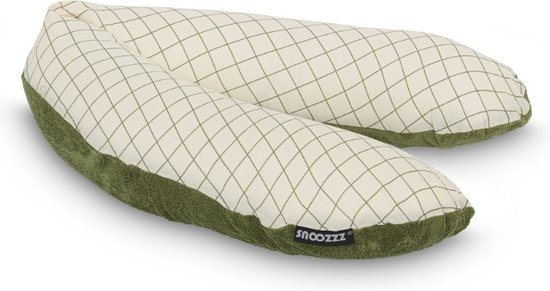 Snoozzz Voedingskussen Premium Kwaliteit - 185 cm – Microparel Vulling – Luxe Draagtas – Wasbare Hoes - Teddy Groen Ruit