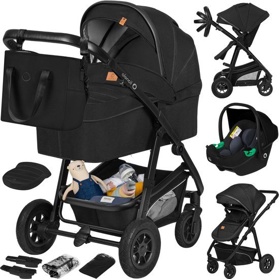 Lionelo Bianka Kinderwagen 3 in 1 - Reiswieg + Wandelwagen + Autostoel - Grote Luchtbanden, Volledige Vering - Inklapbaar - Verstelbare duwstang - Buggy Omkeerbare Zitting - 0-22kg - Accessoireset - Zwart