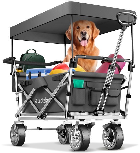 tectake® Opvouwbare Bolderkar met Dak, Remmen en Tassen – Strandkar, Outdoor Tuinkar, Transportkar tot 80 kg – Grijs