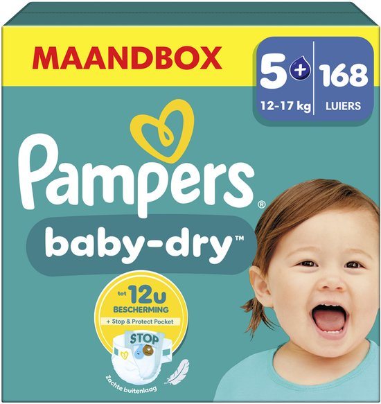 Pampers Baby-Dry Maat 5+, 168 Luiers, 12kg-17kg