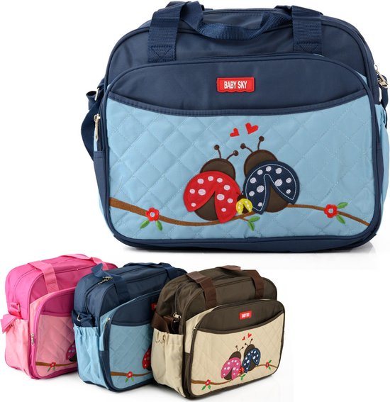 Praktische Luiertas - Baby Verzorgingstas- Inclusief Verschoningsmatje - Flessenhouder - Lieveheersbeestjes - Blauw