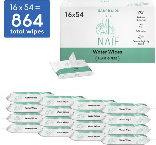 Naïf - Plasticvrije Billendoekjes Water - 864 doekjes (16 stuks x 54 doekjes)