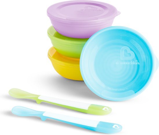 Munchkin Kinderserviesset Love-a-Bowls - 10-delig Serviesset voor Kinderen - 4 Schaaltjes, 2 Lepeltjes en 4 Dekseltjes - Kinderservies - Vanaf 4 Maanden - Vaatwasserbestendig - Magnetronbestendig