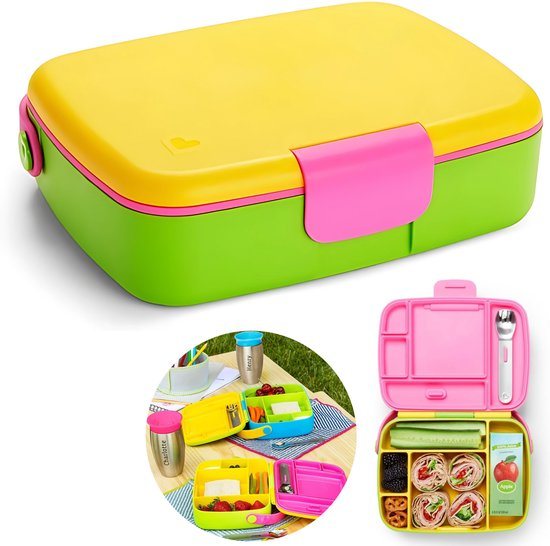 Munchkin Bento Lunch Box - Broodtrommel met bestek - Brooddoos voor Kinderen - Inclusief RVS Bestek - kinder lunchbox - Vaatwasserbestendig - Vanaf 18 Maanden - Geel/Groen