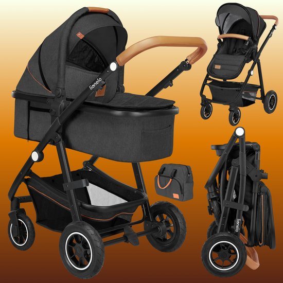 Lionelo Amber 2in1 - Kinderwagen 2 in 1 - Reiswieg + Buggy - Vanaf geboorte tot 22 kg (0-4 jaar) - Luchtbanden - Volledige Vering - Comfortabel Ligmatras - Snel Inklapbaar - Luiertas - Klamboe - Regenhoes - Verschoonmatje - Wandelwagen - Baby Peuter